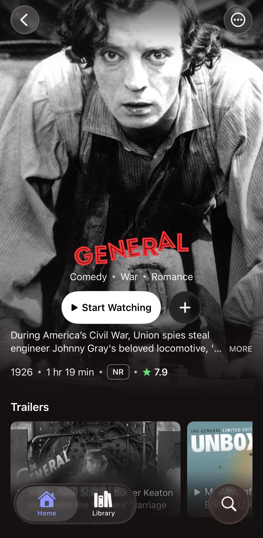 Catalyst on iPhone showing The General (1926) starring Buster Keaton.