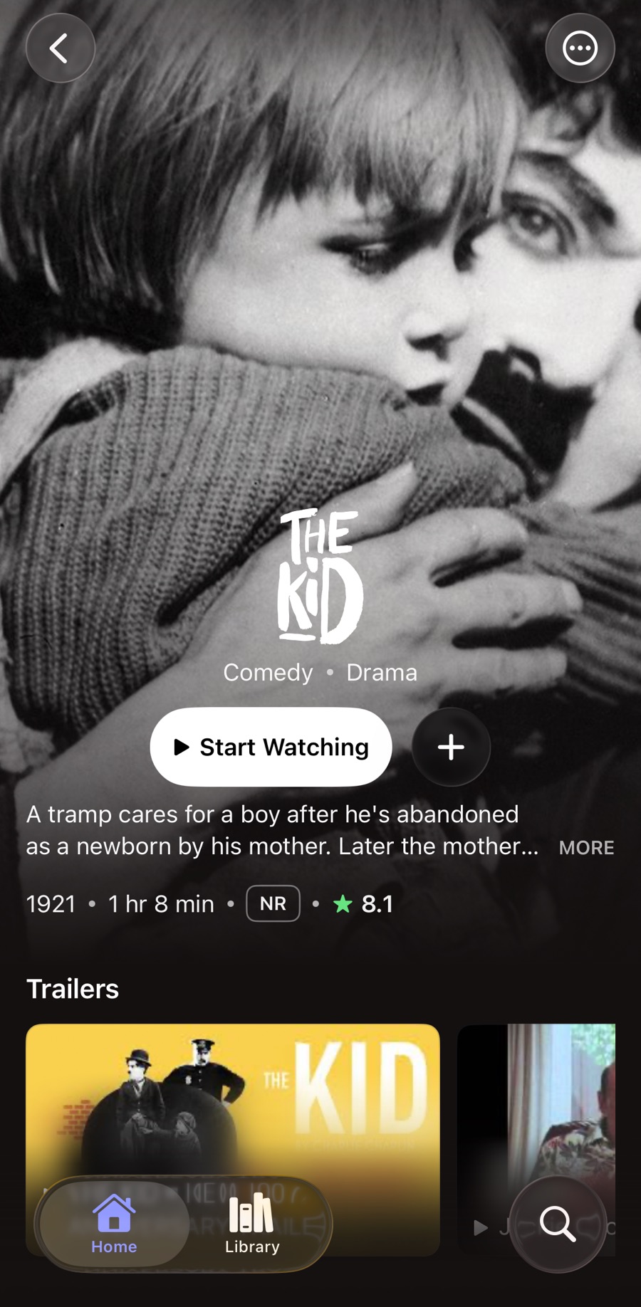 Catalyst on iPhone showing The Kid (1921) with its runtime, rating and trailers.