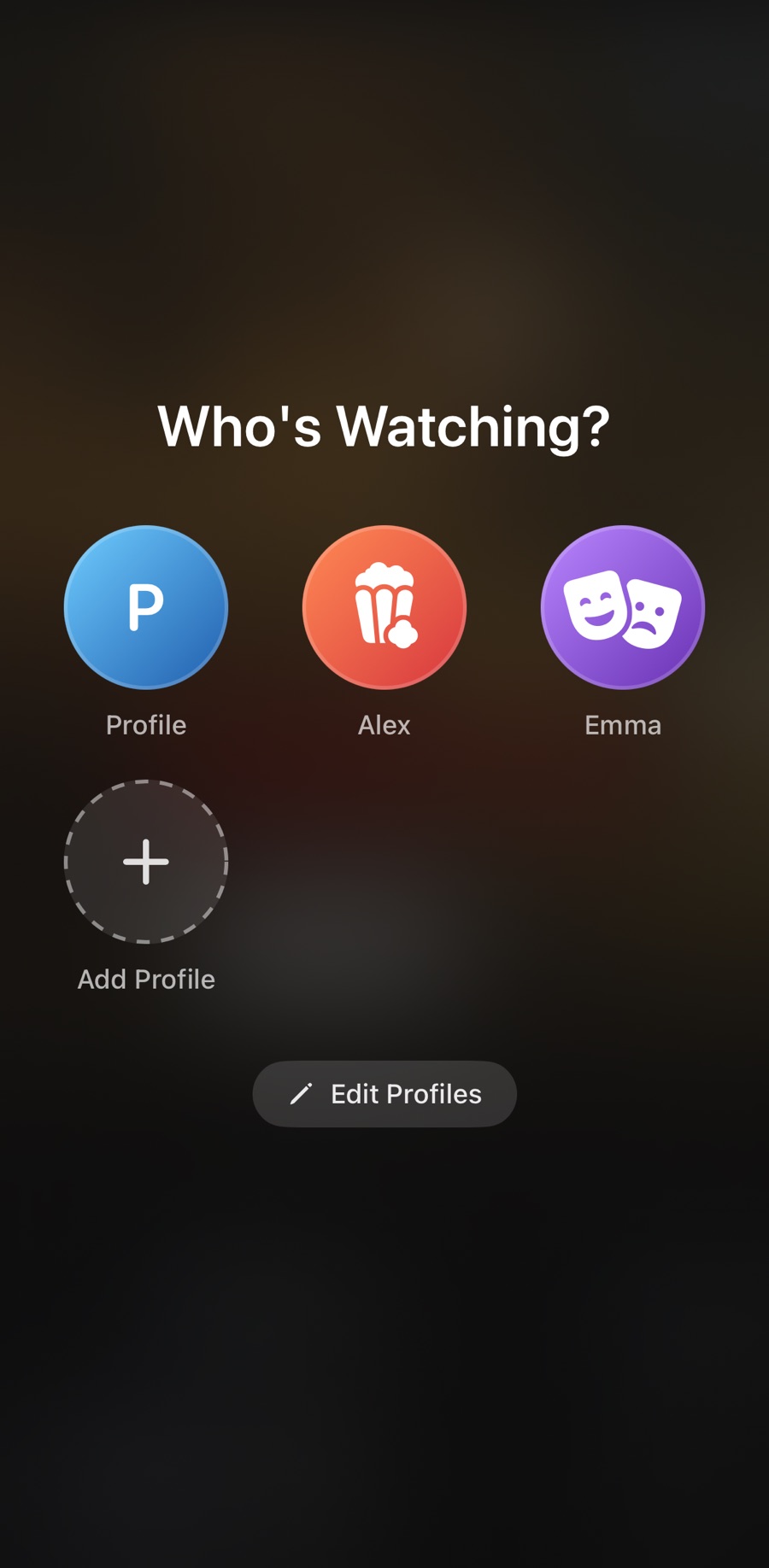 Catalyst asking Who's Watching? on iPhone, with three profiles to choose from, an Add Profile button and Edit Profiles.