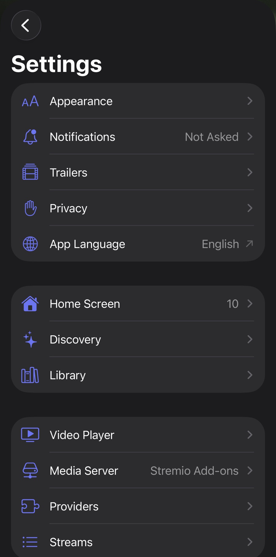 Catalyst's Settings on iPhone: Appearance, Notifications, Trailers, Privacy and App Language, then Home Screen, Discovery and Library, then Video Player, Media Server, Providers and Streams.