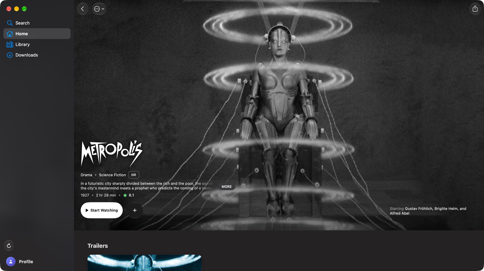 Catalyst on Mac showing Metropolis (1927), with the sidebar for Search, Home, Library and Downloads beside the title’s hero.