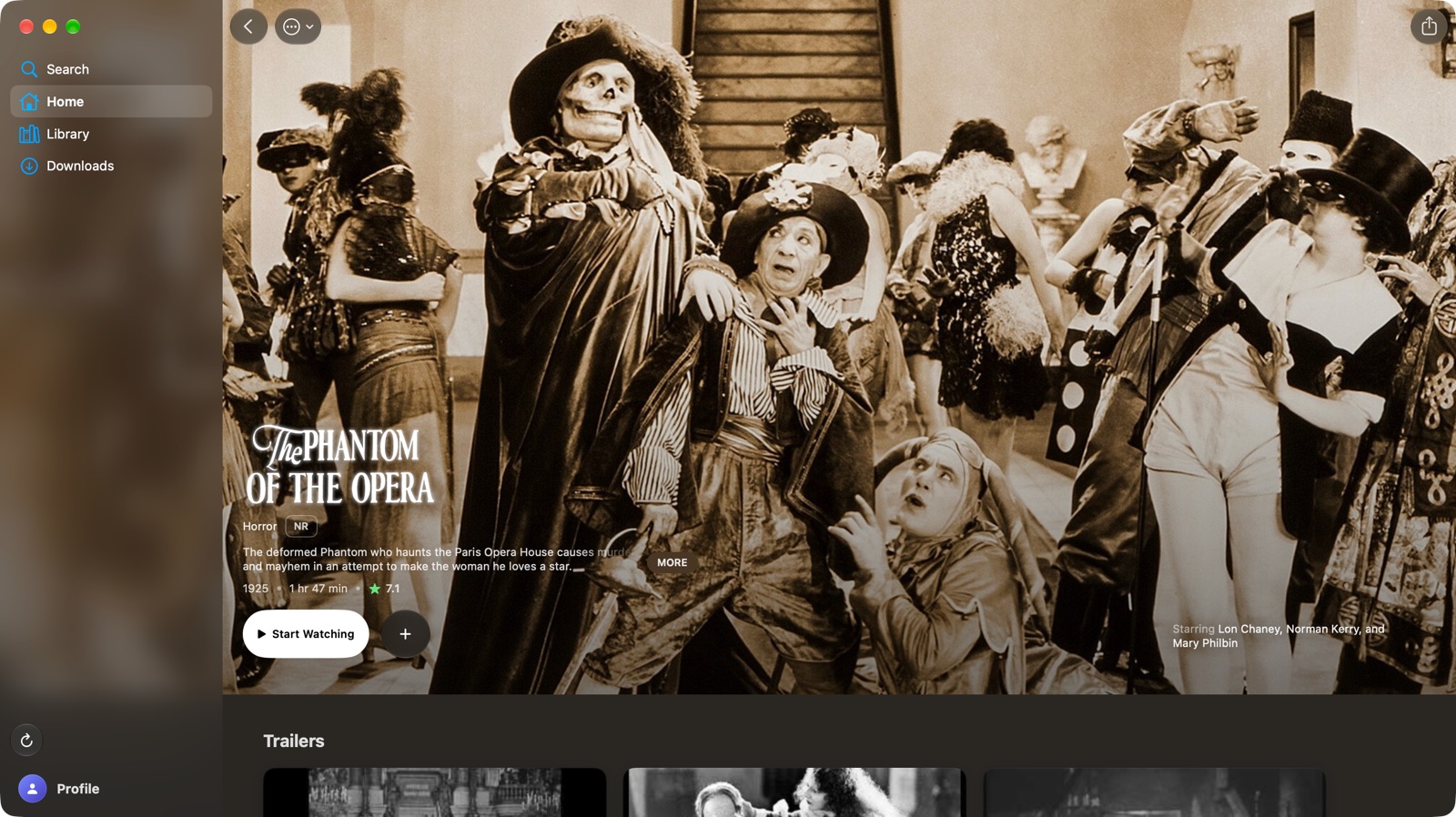 Catalyst on Mac showing The Phantom of the Opera (1925), starring Lon Chaney, Norman Kerry and Mary Philbin.