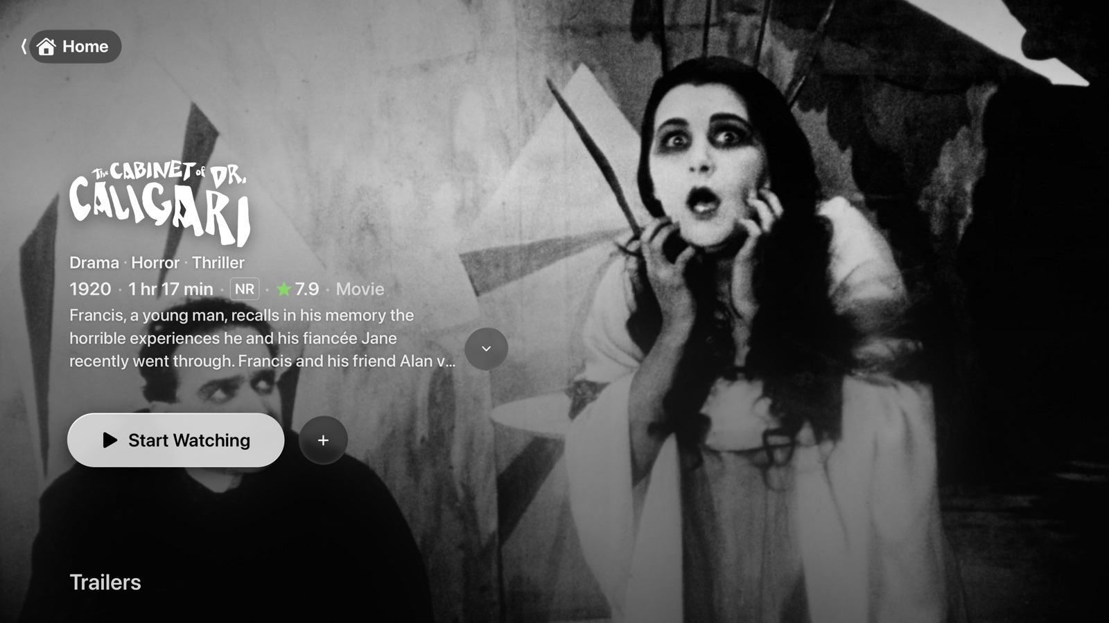 Catalyst on Apple TV showing The Cabinet of Dr. Caligari (1920).