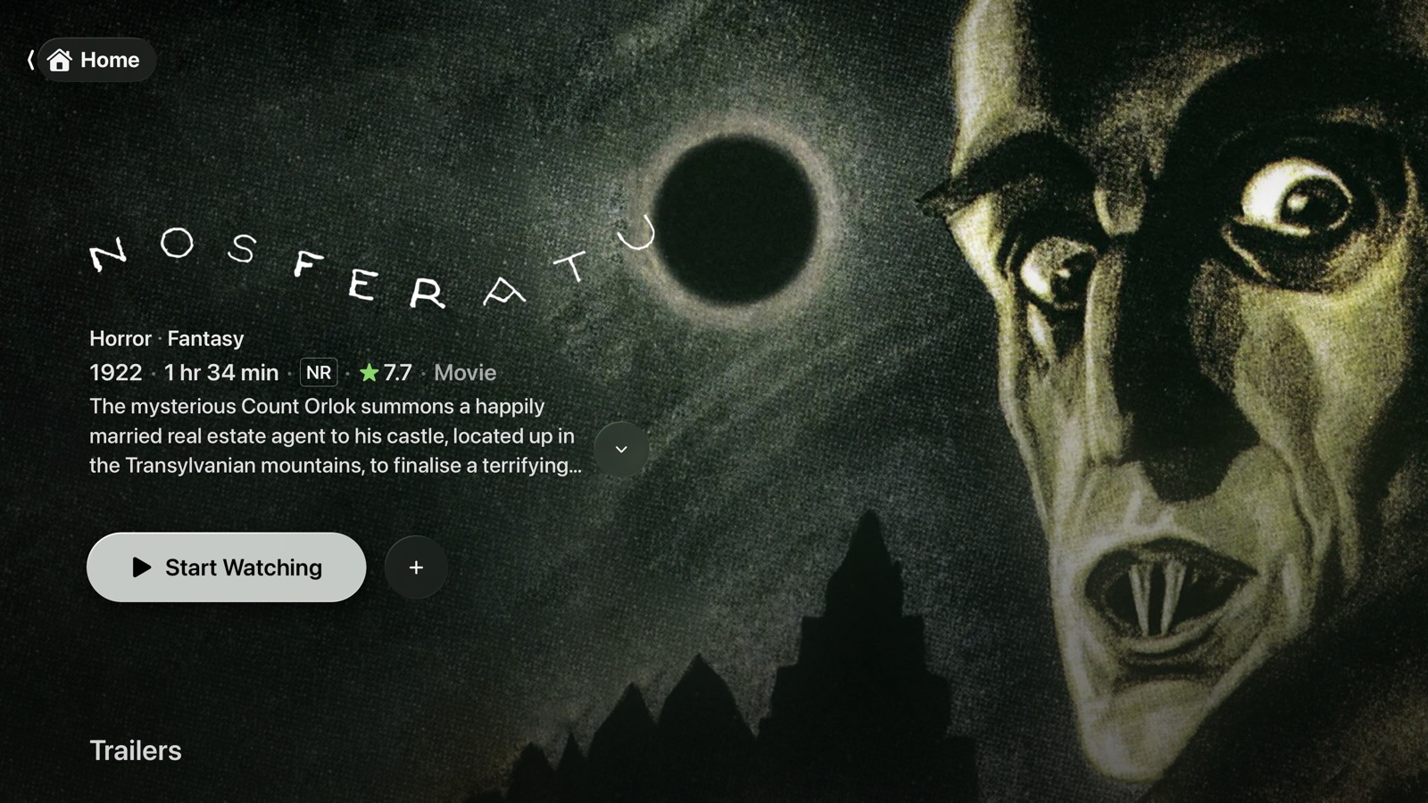 Catalyst on Apple TV showing Nosferatu (1922): the original poster art, Horror and Fantasy, runtime and rating, synopsis, and a Start Watching button.