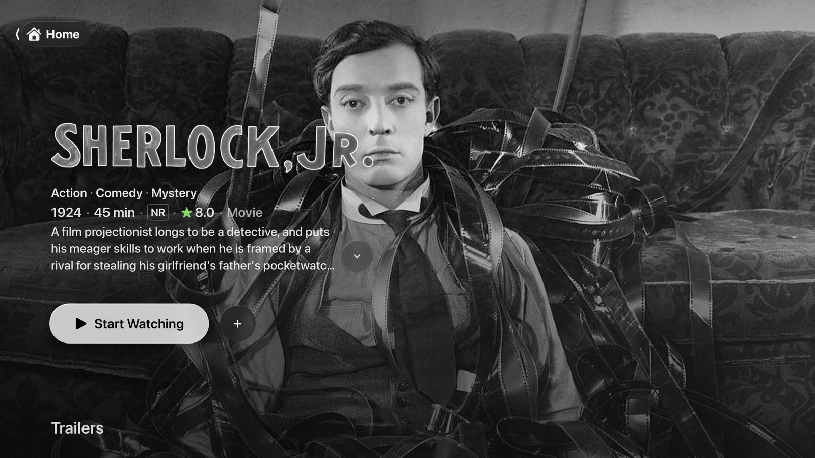 Catalyst on Apple TV showing Sherlock Jr. (1924).